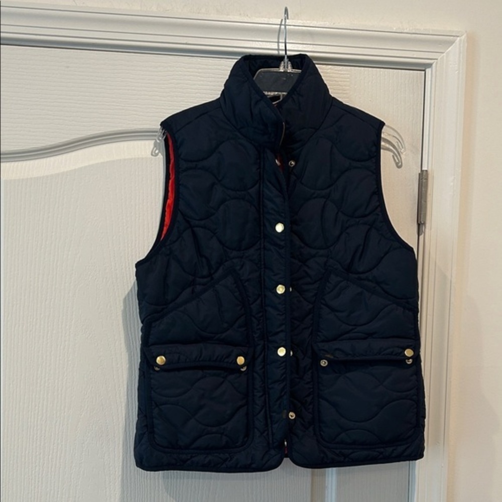J. Crew Navy Quilted Vest with Gold Accents